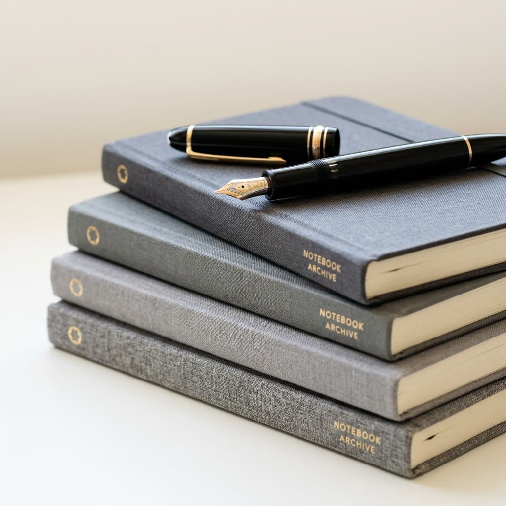Stacked notebooks and pen