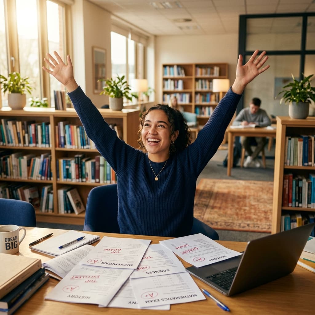 Student celebrating top exam grades with joy