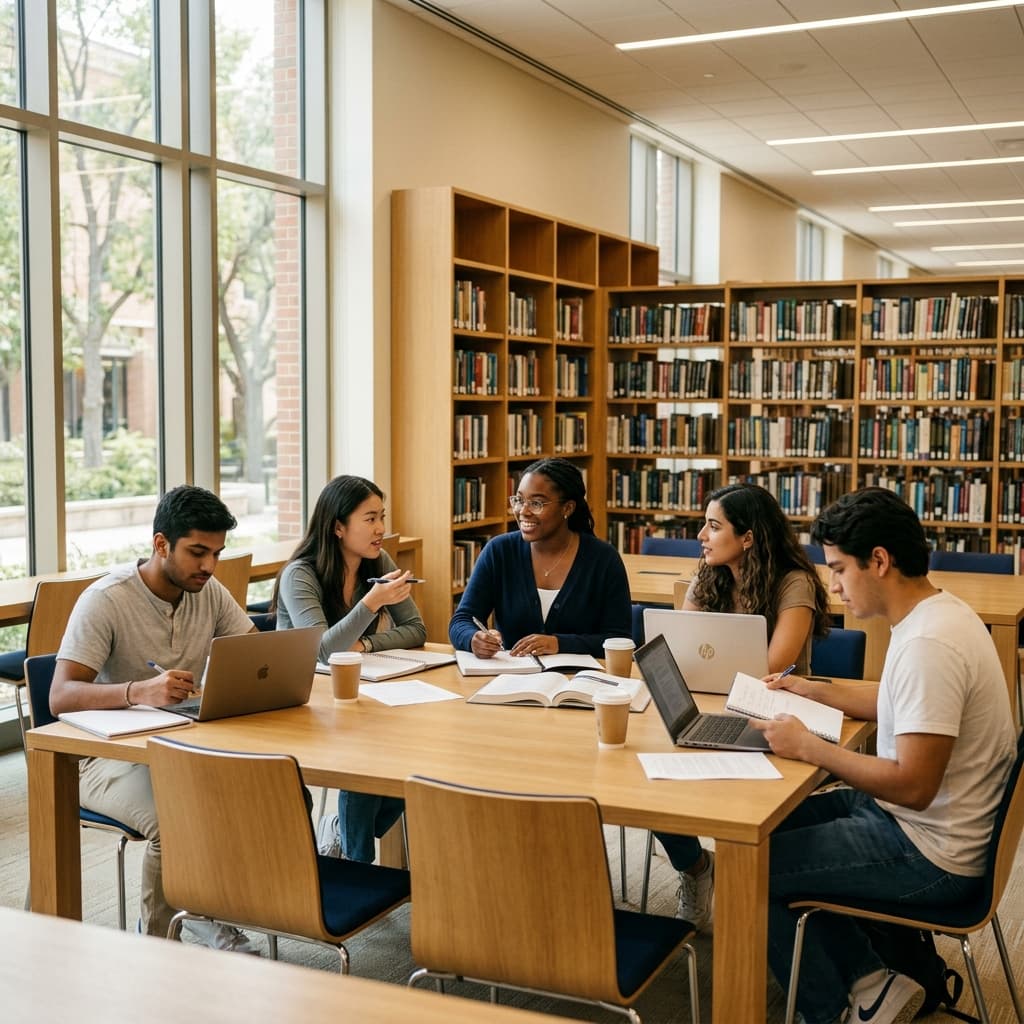 Diverse students engaged in a collaborative tutoring session in a modern library
