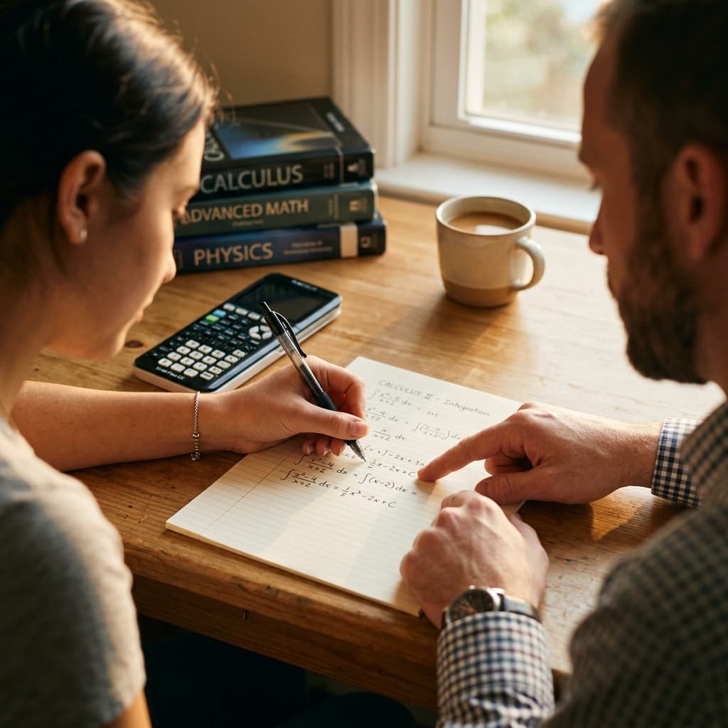 Tutor guiding a student through calculus equations during a 1-on-1 session