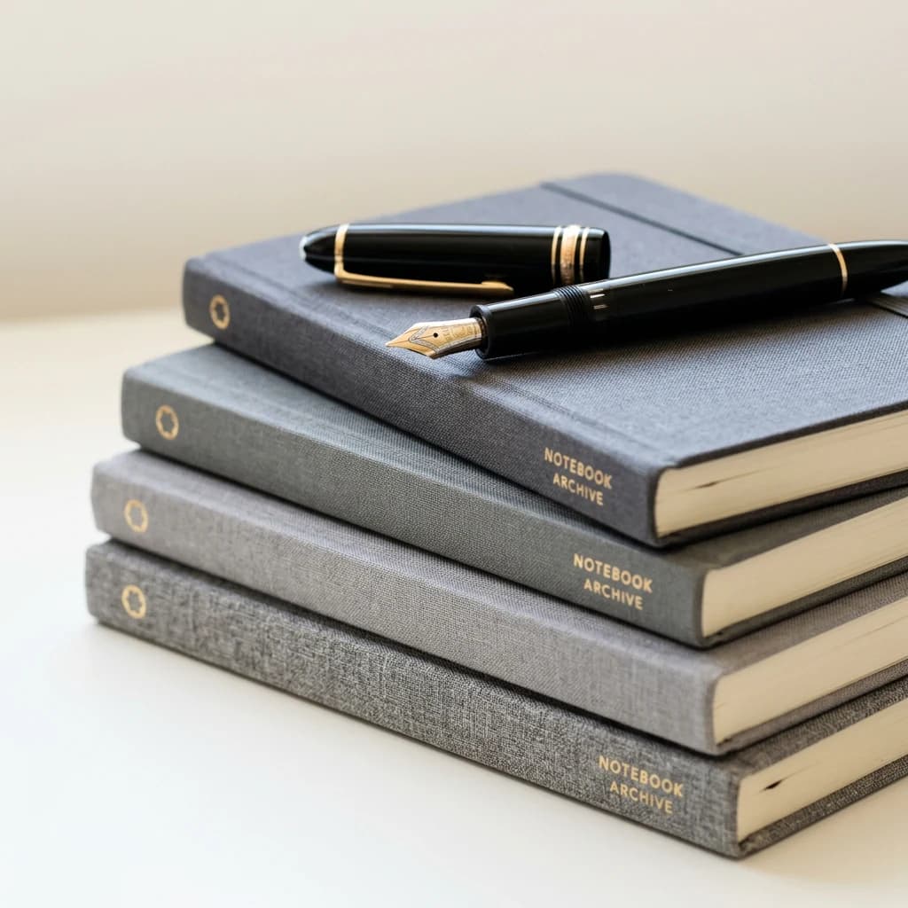 Stacked notebooks and pen