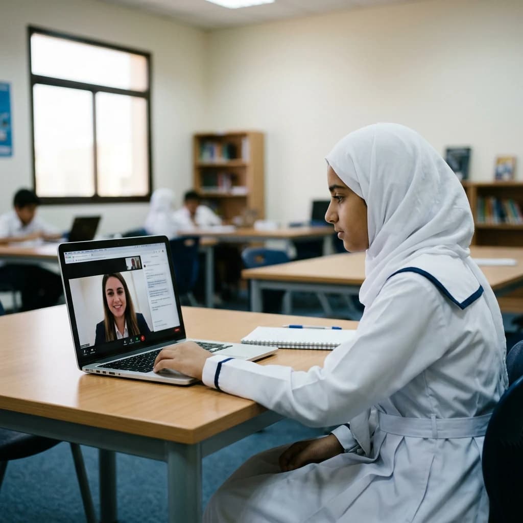 Student in Qatar learning online with a curriculum specialist