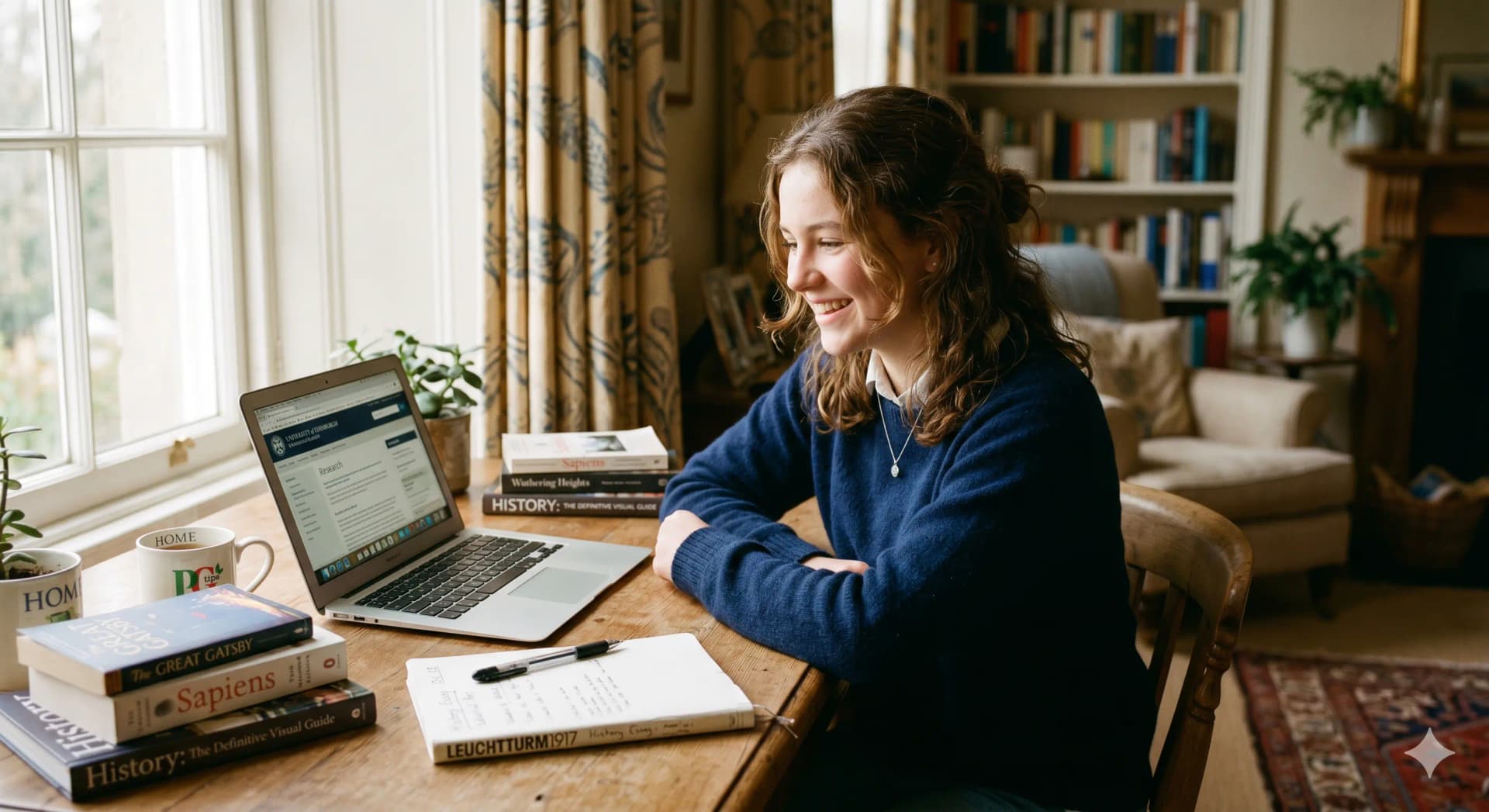 UK student studying with books and laptop