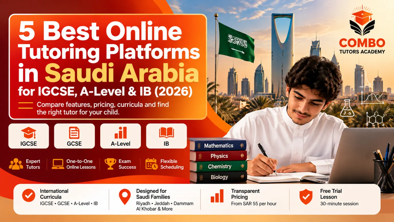 Saudi Arabia, a student studying online, your Combo Tutors Academy orange-to-deep-red branding and the headline “5 Best Online Tutoring Platforms in Saudi Arabia (2026)”.